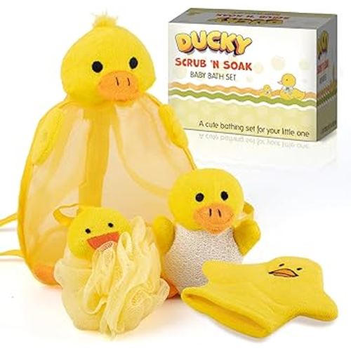 Ducky Scrub 'N Soak Baby Loofah for Bathing Set for Kids Body Scrubber Cute Cartoon Kids Loofah Bath Scrubber for Children Shower Washing Exfoliating, Baby Bath Sponge Yellow Duck Included