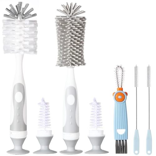 5-in-1 Baby Bottle Cleaner Set, Including Nylon & Silicone Bottle Brush, Cap, Straw & Nipple Brushes, BPA-Free (Grey)