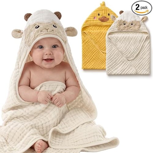 Blissful Diary Muslin Baby Hooded Towel 2 Pack, Soft & Absorbent Bath Towel for Infant, Toddler, Unisex, Baby Gift, Newborn Essentials, Sunny Duck & Gentle Lamb