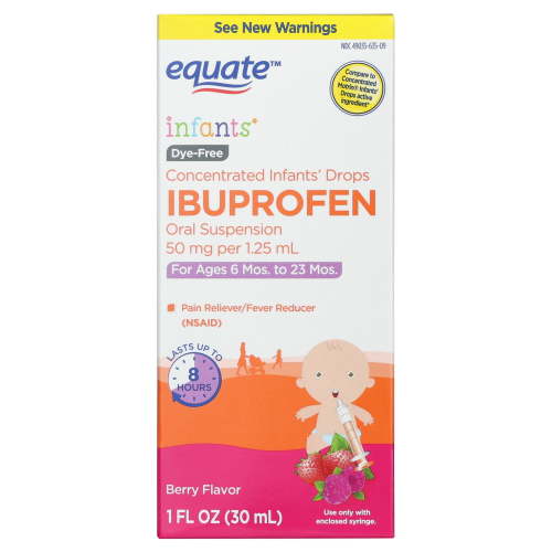 Equate Infants' Dye-Free Ibuprofen Oral Suspension Concentrated Drops, 50 mg, Berry Flavor, Ages 6 Mos to 23 Mos, 1 fl oz, Compare to Concentrated MotrinÂ® Infants' Drops Active Ingredient HSA/FSA Eligible