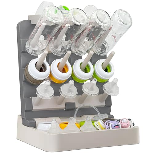 CINWWNI Baby Bottle Drying Rack, Vertical Standing Bottle Dryer Rack Holder-Space Saving Baby Bottle Drying Rack for Countertop-Holds Up to 12 Baby Bottles & Cup(Gray & Khaki)