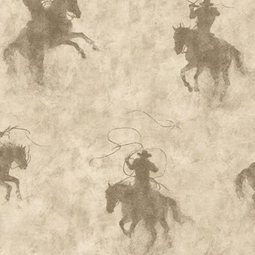 Western Peel and Stick Wallpaper Cowboy Silhouettes Riding Horses Lasso Dusty Beige Wall Mural 17.7in x 9.8ft Self Adhesive Removable Wall Paper Renter Friendly Wallpaper for Bedroom Cabinets