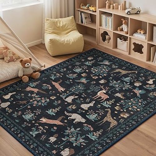 Rugs for Living Room 5x7 Floral Animal Print Area Rug Machine Washable Rug, Non Slip Low Pile Black Carpet for Bedroom, Entryway, Black