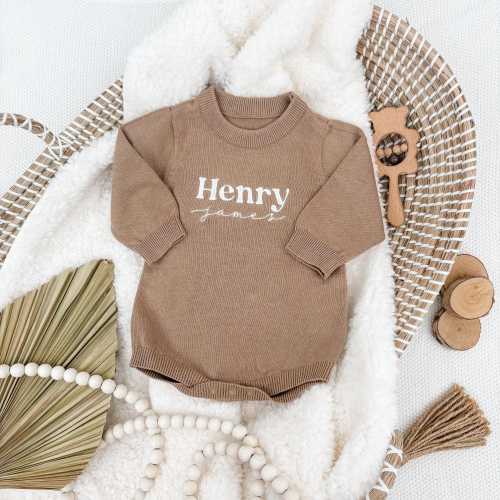 Embroidered Baby Romper, Embroidered Cotton Romper, Knit Baby Outfit, Newborn Name Fit, Baby Gift, Baby Boy Name Sweater, 100% Cotton