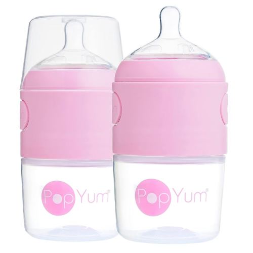 PopYum 5 oz Pink Anti-Colic Formula Making/Mixing/Dispenser Baby Bottles, 2-Pack with #1 Slow Flow Nipples, 150 ml, BPA-Free, Natural Latch