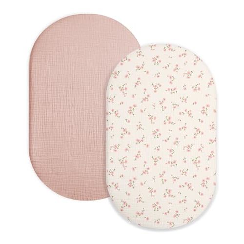 Muslin Bassinet Sheets 2 Pack, 33" x 17", (Rosy) | For Baby Boys and Girls; Fits Rectangle, Oval, and Hourglass Bassinet Mattresses or Moses Baskets; Machine Washable.