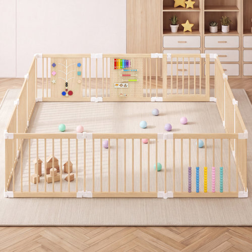 Wayfair Solid Pine Wood Baby Playpen - Foldable Safety Gate for Toddlers, Portable Play Yard & Nursery Room Divider, Natural Finish | Wayfair