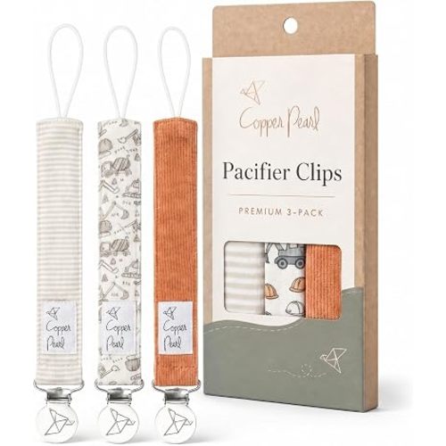 Copper Pearl 3-Pack Pacifier Holders: Premium Knit Binky Clips for Baby Girls and Boys - Stylish Stainless Steel Design for Secure No-Drop Attachment - Gage