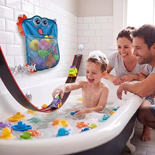 Race Car Bath Toy Set for Toddlers 3+ – 1.5m Flexible Bathtub Track with 2 Ways to Mount, Includes 2 Waterproof Cars + Blue Dinosaur Mesh Storage Bag, Bath Time Racing Toys for Boys Girls