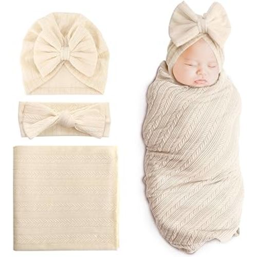 DRESHOW BQUBO Newborn Receiving Blanket Toddler Warm for Girls with Bow Hat and Bow Headband Shower Gift