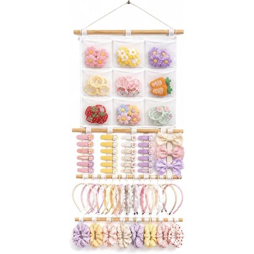 Headband Holder Hair Bows Organizer for Girls, 9 Mesh Pockets Wall Hanging Hair Accessories Organizer with Multiple Hooks, Large Capacity Storage Display for Hair Clips, Scrunchies, Nursery Room Decor