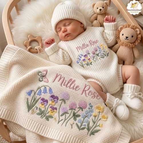 Embroidered Wildflower Outfit Set with Knit Blanket, Baby Girl Shower Gift, Personalized Newborn Romper and Hat, Pink Little Sister Bodysuit
