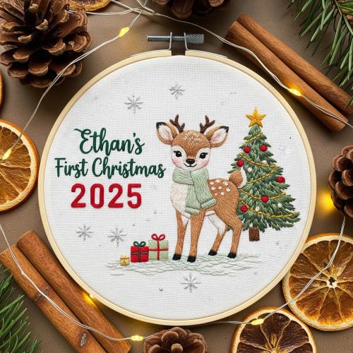 Custom Reindeer Baby's First Christmas Hand Embroidered Ornament