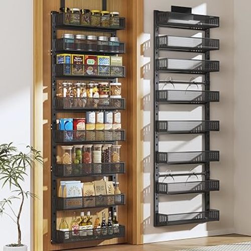 Pantry Door Organizers and Storage, 8-Tier Large Metal Heavy-Duty Frame Over the Door Spice Rack, 2 in 1 Wall-Mounted or Hanging shelf for Kitchen, Bathroom, Laundry Room, Bedroom, Closet &Nursery