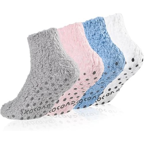 Fuzzy Grip Socks for Women Men,Thick Warm Slipper Cozy Fluffy Non Slip Ankle Hospital socks With Grips