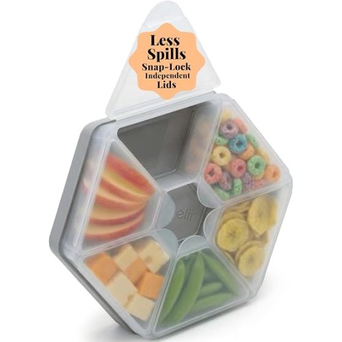 melii Hexagonal Snackle Box | 6 Compartment Snack Container with Individual Snap-Lock Lids, Easy-Grip Design for Kids & Adults, Portion-Control Food Storage for Lunch, Travel & On-the-Go (Grey)
