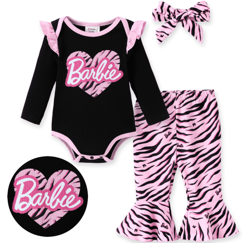 Barbie Baby Girls Clothes 3pcs Outfit Set Pink Zebra Graphic Long Sleeve Romper Bell Pants And Headband 12-18 Months