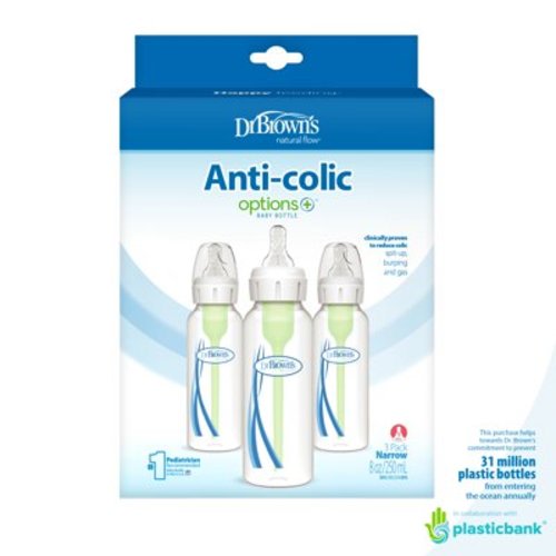 Dr. Brown's Anti-Colic Natural Flow Narrow Newborn Baby Bottle, 8 oz/250 ml, 3-Pack