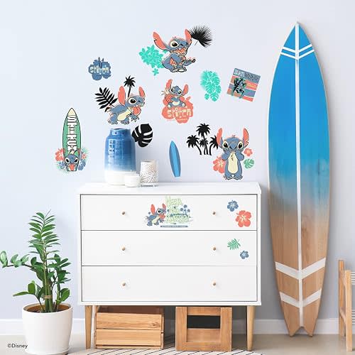 RoomMates Disney Stitch Surf's Up Peel and Stick Wall Decals, Vinyl, Pink, Blue, Green, Black, Removable Repositionable, No Sticky Residue, For Renters and Homeowners