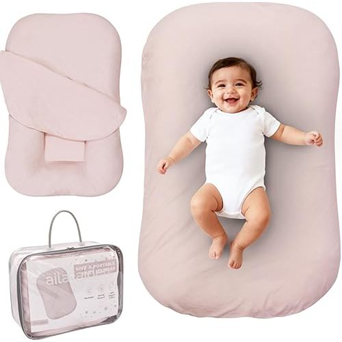 Aila + Aiden Baby Lounger | Organic Cotton Infant Lounger | Adjustable & Portable Floor Lounger | Supervised Use | Soft, Breathable, Washable Cover - Snuggle Collection - (Pink)