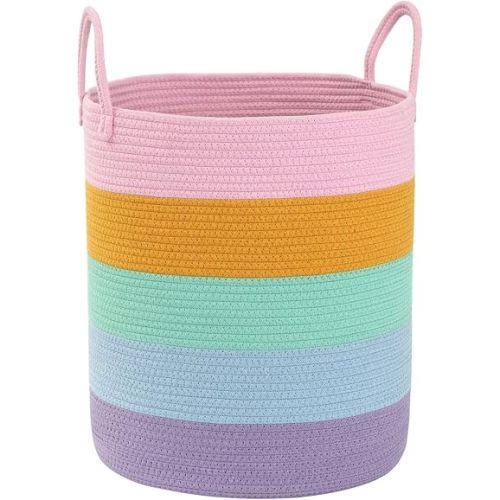 Woven Basket Nursery Laundry Hamper with Handles, Clothes Storage Organizer, Woven Basket for Boy Room Decor, Toy & Blanket Storage Bin, 15x15x18 Inch, Colorful, 1pc