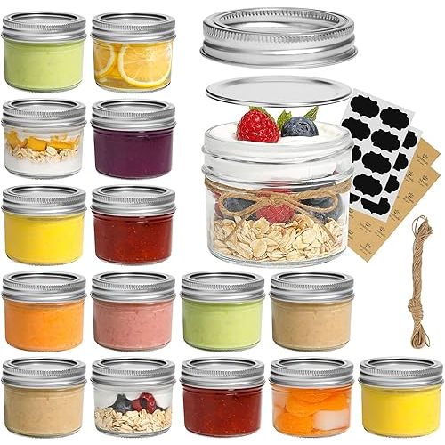 ComSaf Mini Mason Jars 4oz - 16 Pack, Regular Mouth Mason Jar with Lids and Seal Bands, Small Glass Canning Jar for Spice, Jam, Honey, Jelly, Dessert, Shower Wedding Favors, DIY Candles Decor