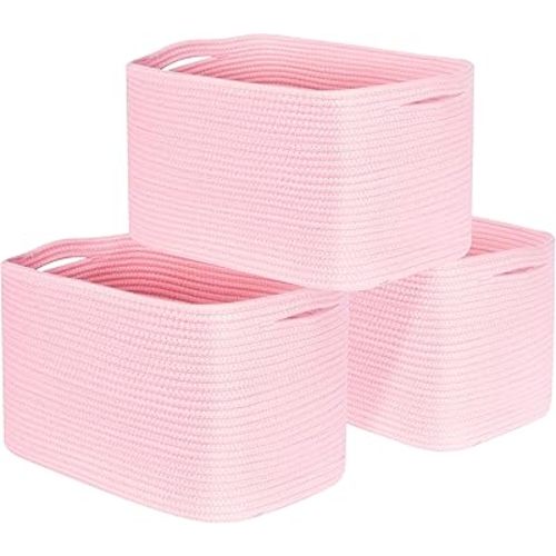 MINTWOOD Design 3-Pack Decorative Woven Storage Baskets for Shelves, Cube Bin Box for Organizing Books, Shoes, Dog Toys, Pantry Closet and Living Room Organizer, Soft Pink