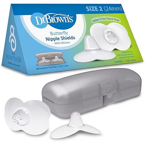 Dr. Brown's Butterfly Breastfeeding Nipple Shields for Protecting Sore, Flat or Inverted Nipples, Essential for Latching Difficulties with Microwave Sterilizer Carrying Case, 24mm