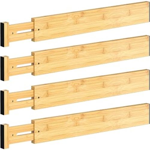 4 PCS Drawer Divider, 17"-22" Adjustable Bamboo Drawer Dividers Organizers, Expandable Separators for Kitchen, Clothes, Dressers, Home, Office