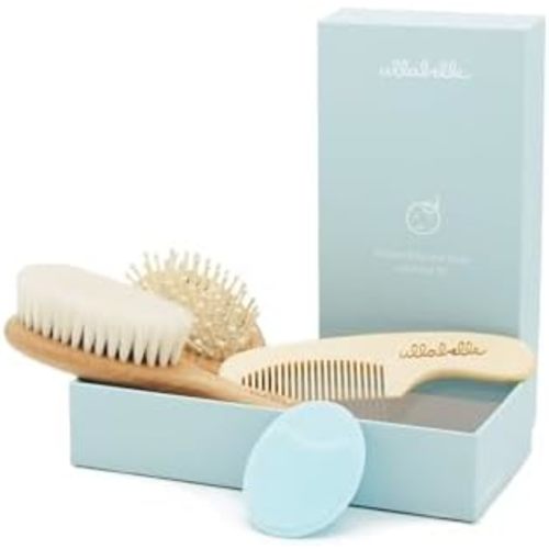 Ullabelle 4 Piece Wooden Baby Hair Brush and Comb Set for Newborns & Toddlers in Chic Gift Box - Ultra Soft Natural Goat Hair and Wood Baby Brush Set Prevents Cradle Cap - Perfect Registry Gift (Blue)