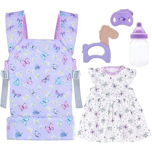 Baby Doll Carrier with Doll Accessories Doll Carrier for Kids, Reborn Doll Baby Carrier with Adjustable Straps for 16-22 Inch Baby Doll with Accessories, Purple