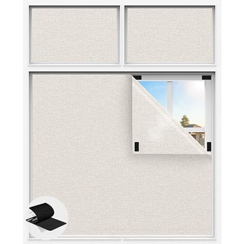 Linen Blackout Curtains for Bedroom, 70" x 58" Portable Black Out Blinds with 20 Sets Hooks & Loops Strips for 100% Blackout Window Film, Temporary Black-Out Shades for Windows Cover Travel RV- Cream