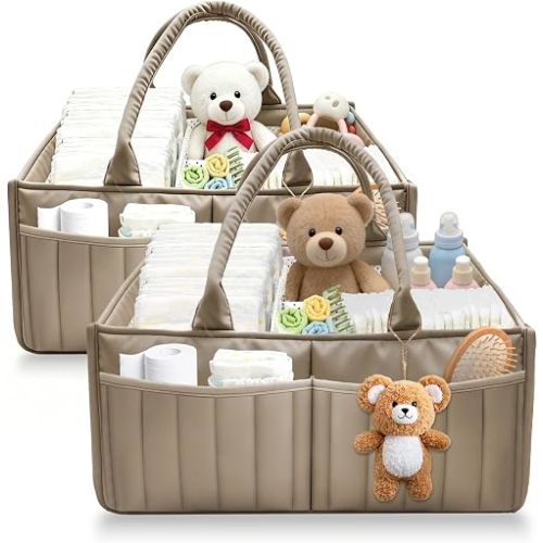2-Pack Baby Diaper Caddy Organizer,Portable Large Capacity Nursery Storage Basket,Multifunctional Nursery Diaper Holder,Capacity Waterproof Storage Bin for Infant Diapers,Gift for Baby Shower,khaki