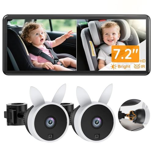Babyvue BV3PRO 7.2" Dual Car Camera Baby Monitor, 1080P HD Split Screen, IR Night Vision, Double Car Camera for 2 Baby, Easy Setup for Carseat, Perfect for Family Travel, Pet Friendly