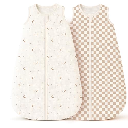 Konssy Muslin Baby Sleep Sack 6-12 Months 0.8 TOG, 2 Pack 100% Cotton Wearable Blanket for Babies, 2-Way Zipper Breathable Sleeping Sack Infant Toddler Essentials for Girls and Boys(Moon,Coffee Check)