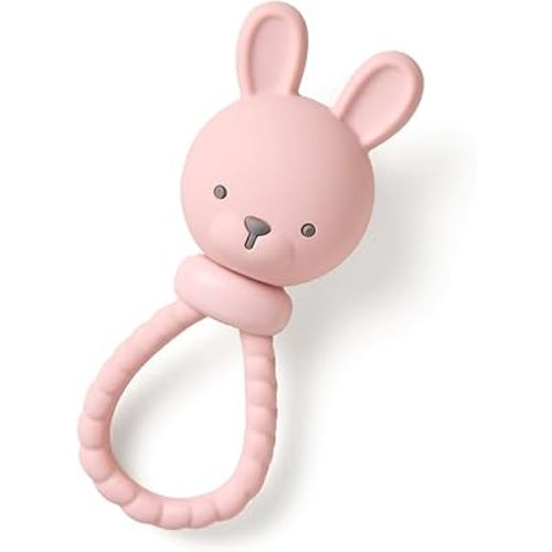 Itzy Ritzy Silicone Rattle Toy, Teething Toy with Soft Jingle Sound (Bunny) | Features Soft Jingle Sound, Hollow Silicone Top & Textured Handle to Soothe Gums for Sensory Exploration & Fine Motor Skills