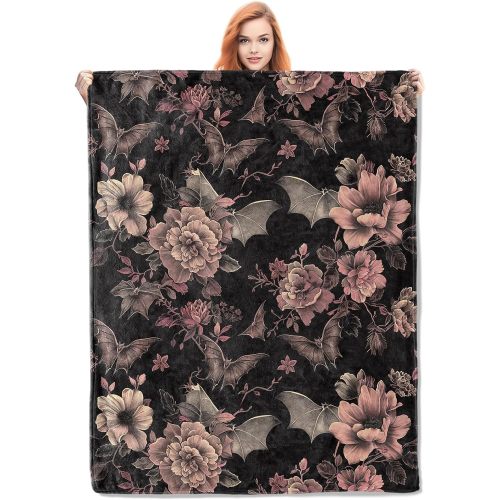 Gothic Blanket, Floral and Bat Halloween