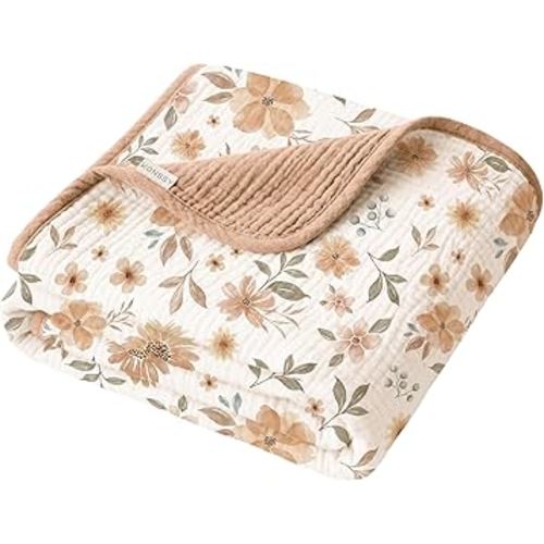 Konssy Muslin Baby Blankets for Girls Boys, 100% Cotton Crib Blanket for Infant Toddler, Super Soft and Lightweight Nursery Swaddling Wrap 40"x36" (Flourish)