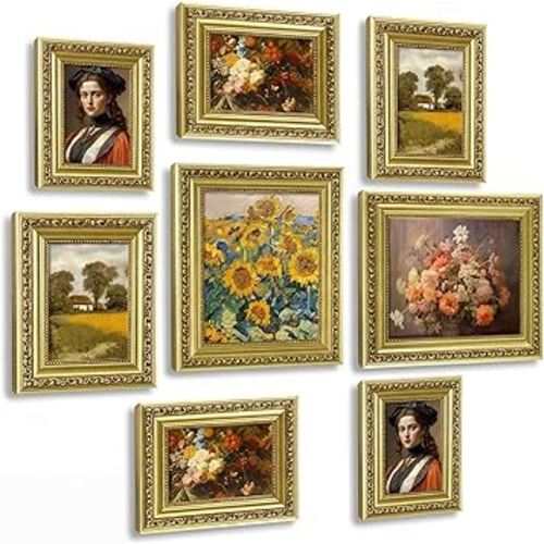 Novabright Gold 8 Pcs Vintage Picture Frames Gallery Wall Frame Set Antique Collage Photo Decor for Wall Mounting or Tabletop Display Multi Sizes 8x10, 5x7, 4x6 for Gallery Living Room
