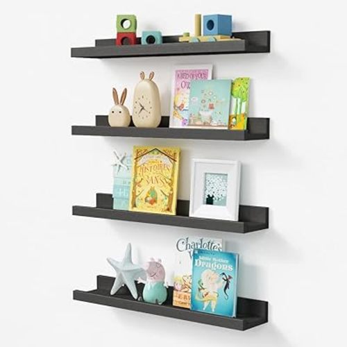 Forbena 24 Inch Long Picture Ledge Shelf Set of 4, Black Wood Floating Shelves for Wall with Lip, Rustic Display Shelves for Living Room Hallway Bedroom Office Photo Frames Bathroom Nail Polish