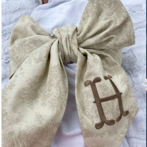 9 Colors- Monogrammed Newborn Baby Pink Toile Bow Sash, Maternity Photo Prop, Monogrammed Newborn Wrap, Baby Photo Prop, Big Bow