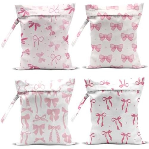 Wet Bag, 4Pcs Wet Dry Bag Set, Reusable Waterproof Bags with Pink Bow Prints for Women, Great for Beach Getaways, Pool Visits, Travel & Daily Item Storage