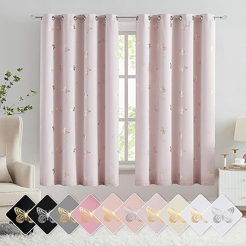 Jubilantex Lavender Pink Butterfly Blackout Curtains 2 Panels 54" Length for Baby Girls Nursery Bedroom Metallic Floral Print Room Darkening Drapes Grommet Window Treatment for Living Room