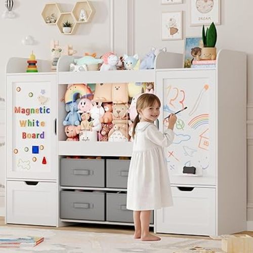 61"W Toy Storage Organizer, Kids Bookshelf with 122L Stuffed Animal Storage, 2 Magnetic Drawing Boards, 2 Movable Toy Boxes and 4 Fabric Bins, Wooden Shelf for Kids Room/Playroom/Living Room