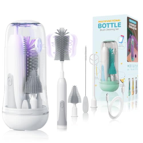 Portable Electric Bottle Brush Cleaner with Storage Box, 4-in-1 Kit | Bottle/Nipple/Straw Brush & Milk Frother, Drainage Rack, Rechargeable, Long Battery Life for Home & Travel, IPX7 Waterproof