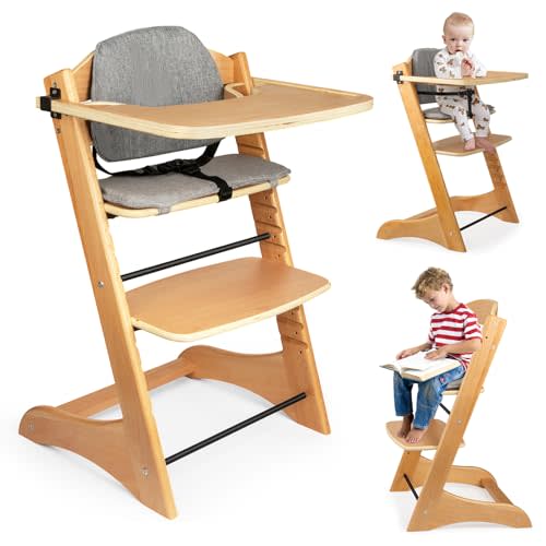 High Chair, Solid Wood Infant High Chair, Suitable for Infants 6 Months and Up, Maximum Weight Capacity 220 lbs - Anti-Tip - Adjustable Ergonomic Design/Natural Wood