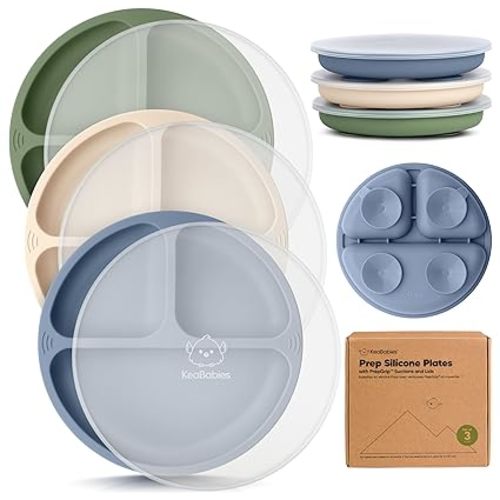 KeaBabies Suction Plates with Lids for Baby - 3-Pack 100% Silicone Toddler Plates with Suction, Divided, BPA-Free Baby Led Weaning Essentials for Kids, Dishwasher, Microwave Safe, Durable (Slate)