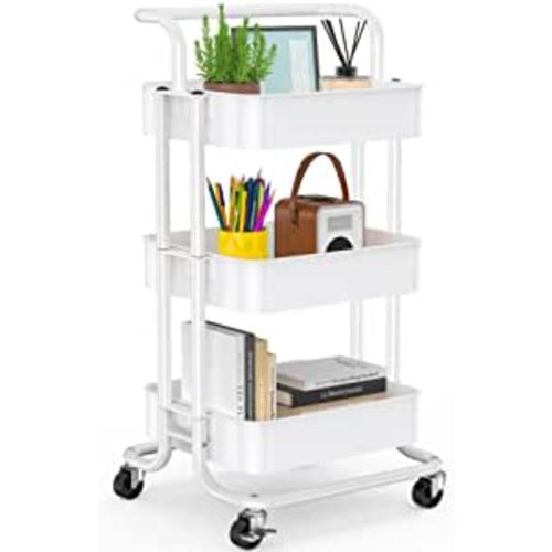 3 Tier Mesh Utility Cart, Rolling Metal Organization Cart with Handle and Lockable Wheels