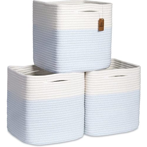 NaturalCozy Storage Cubes 11 Inch Cotton Rope Woven Baskets for Organizing, 3-Pack | Cube Storage Bin | Square Storage Baskets for Shelves Organizer, Classroom, Kids Toy Bins, Closet, Baby Nursery