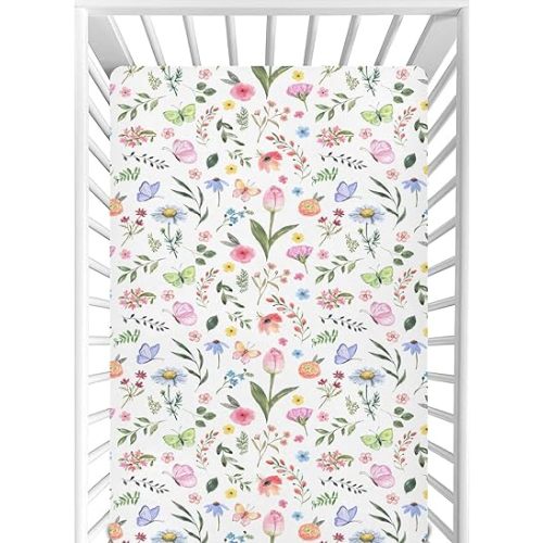 CaTaKu Baby Crib Sheets Tulip Wildflower Butterflies Mini Crib Sheets Fitted for Girls Boys,Neutral Soft Toddler Mattress Bed Sheets for Crib,28"x 52"
